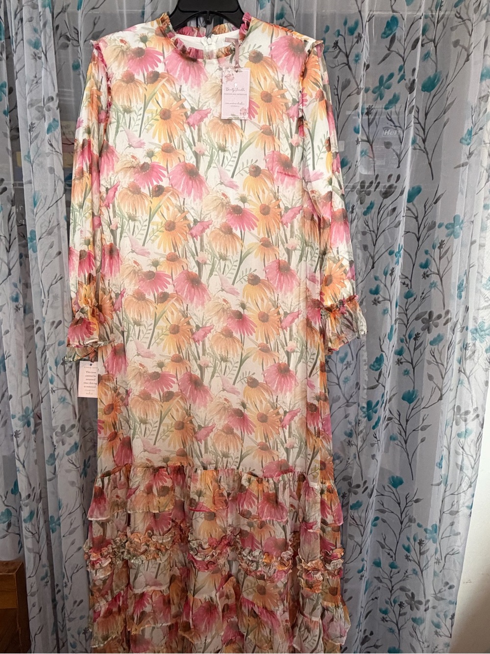 Dainty Jewells Pink & Yellow Floral Ruffle Maxi Dress large NWT